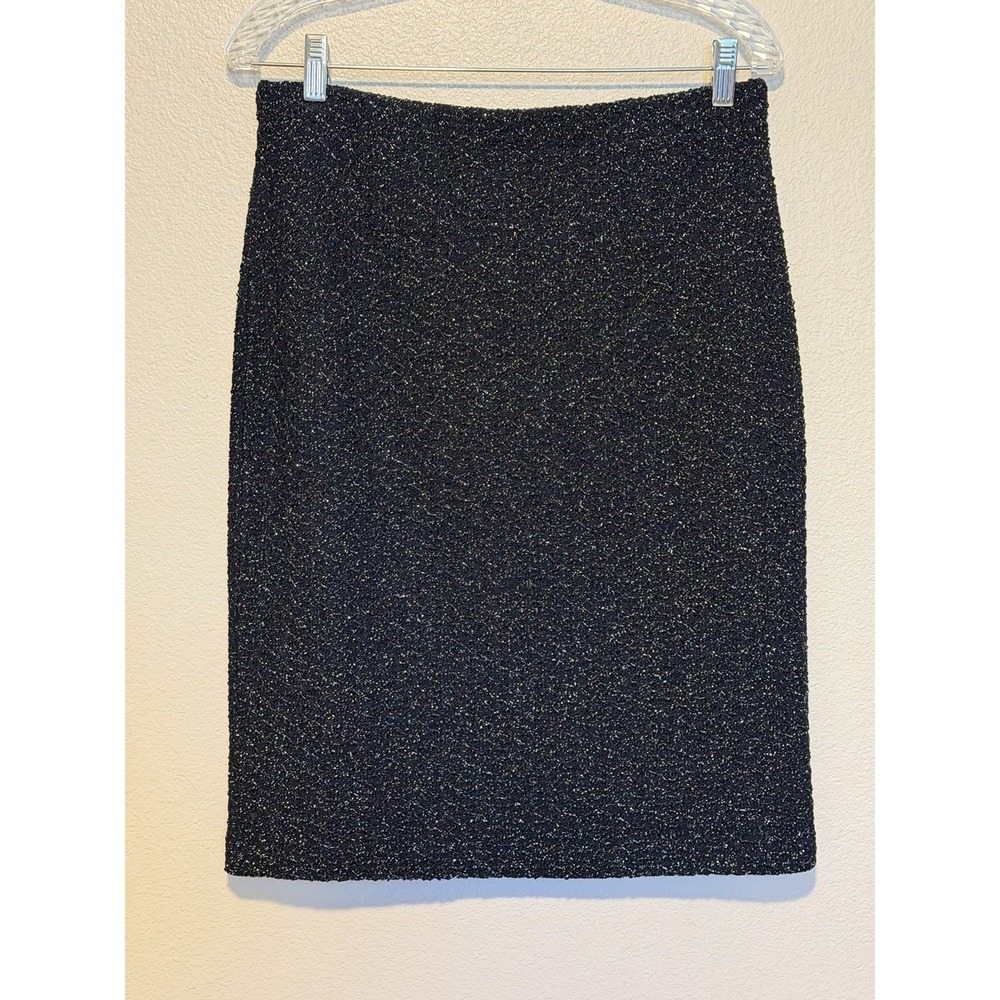 ST.JOHN Evening Skirt Women sz.Medium Navy Silver Metallic Boucle Knit Pull On